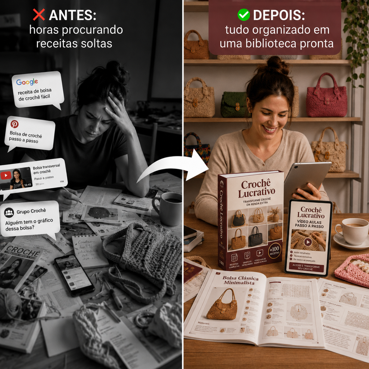 Antes procurando receitas soltas e depois com biblioteca de crochê organizada