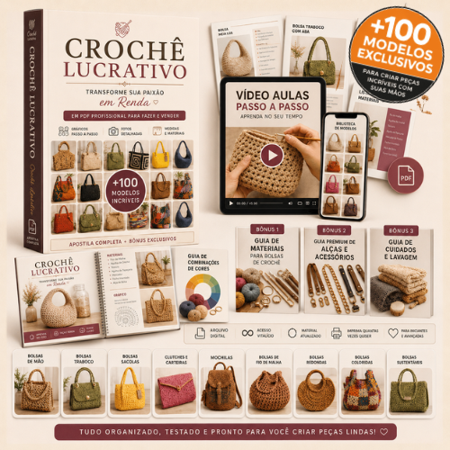 Pacote Crochê Lucrativo com receitas, vídeo aulas e bônus