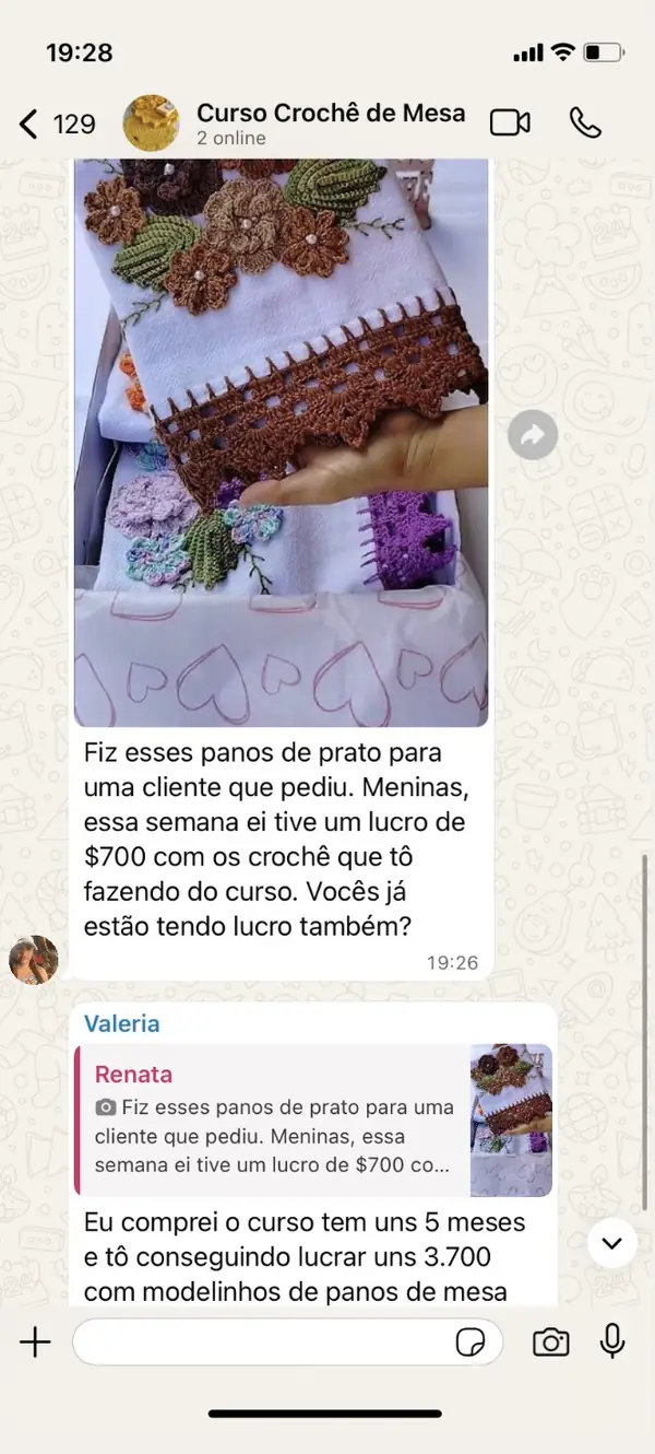 Depoimento no WhatsApp mostrando lucro com panos de prato em crochê